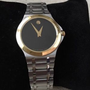 Movado Stainless Steel Watch Black Dial Gold Bezel